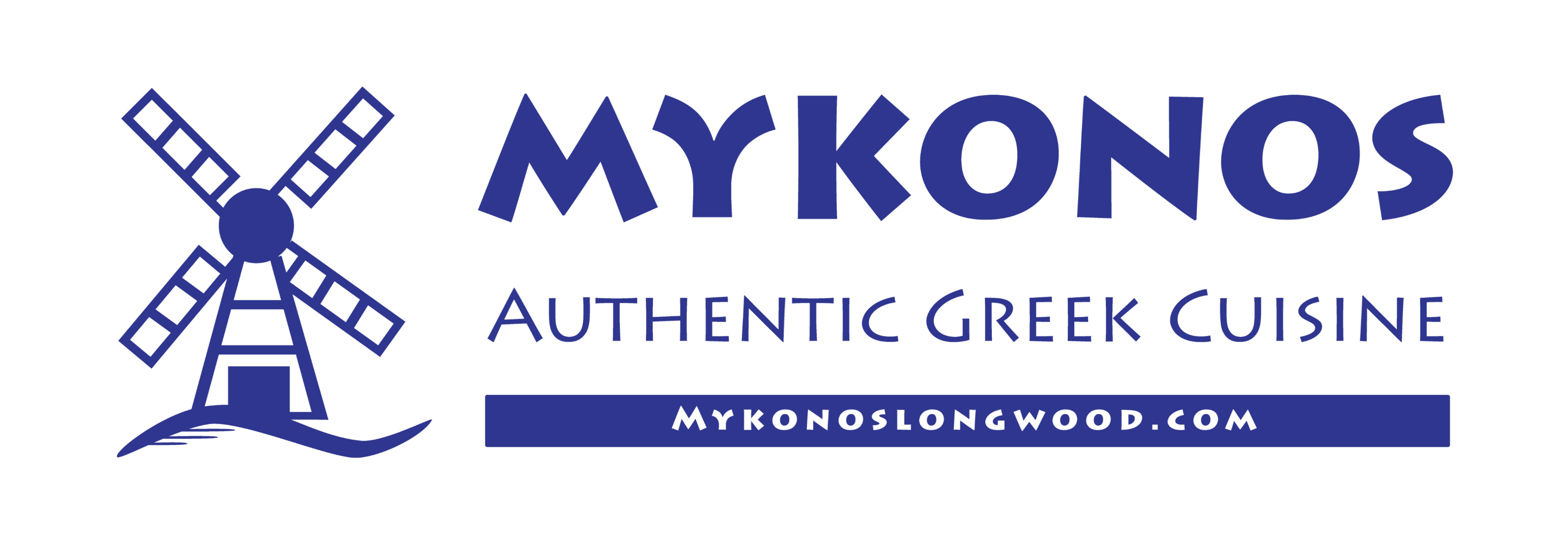 Mykonos Authentic Greek Cuisine - Longwood, FL Logo for Mykonos Authentic Greek Cuisine in Longwood, Florida - features blue greek style letters and a windmill. MykonosLongwood.com